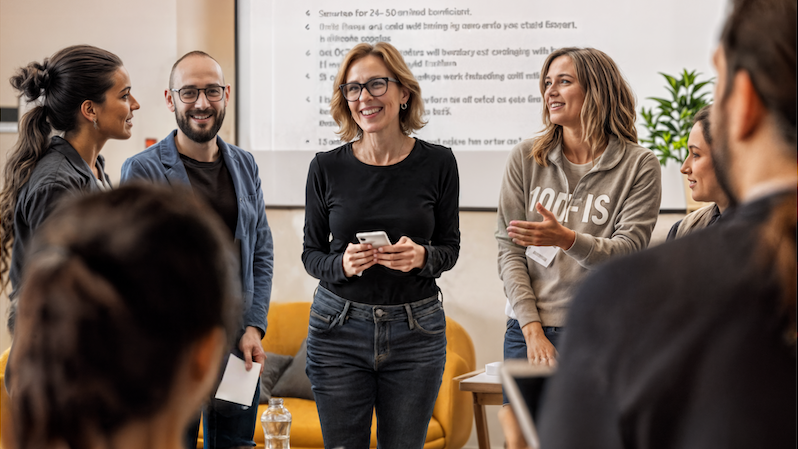 Mehrere Erwachsene stehen in einem Kreis. Hinter ihnen wird eine Präsentation auf eine Leinwand projiziert. Die Personen halten Zettel in den Händen und scheinen sich in einem Gespräch zu befinden.